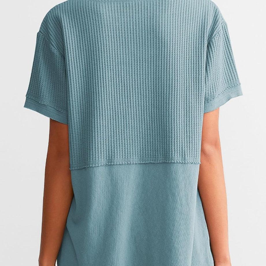 Womens Casual V Neck Waffle Sleeve T Shirts