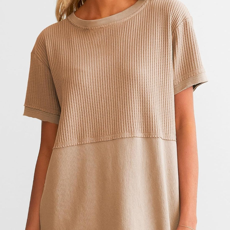 Womens Casual V Neck Waffle Sleeve T Shirts