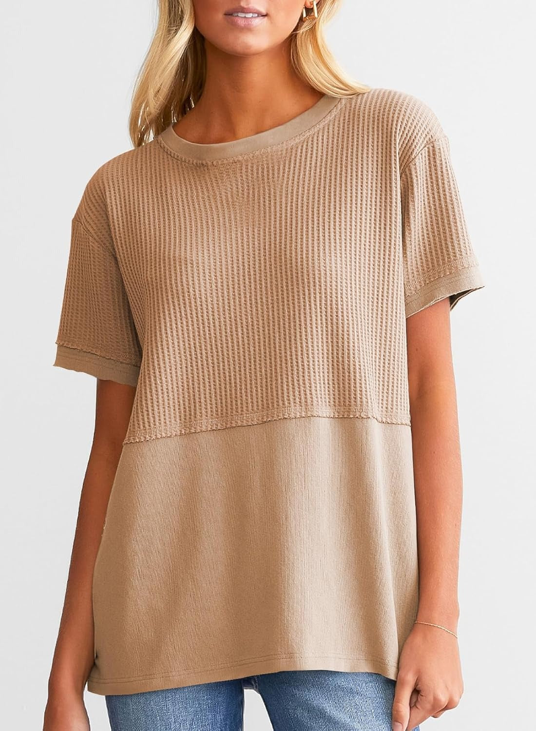 Womens Casual V Neck Waffle Sleeve T Shirts