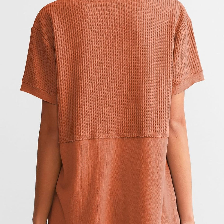 Womens Casual V Neck Waffle Sleeve T Shirts