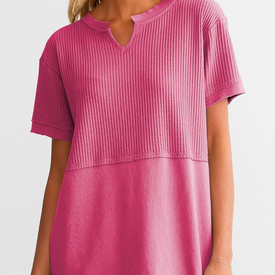 Womens Casual V Neck Waffle Sleeve T Shirts