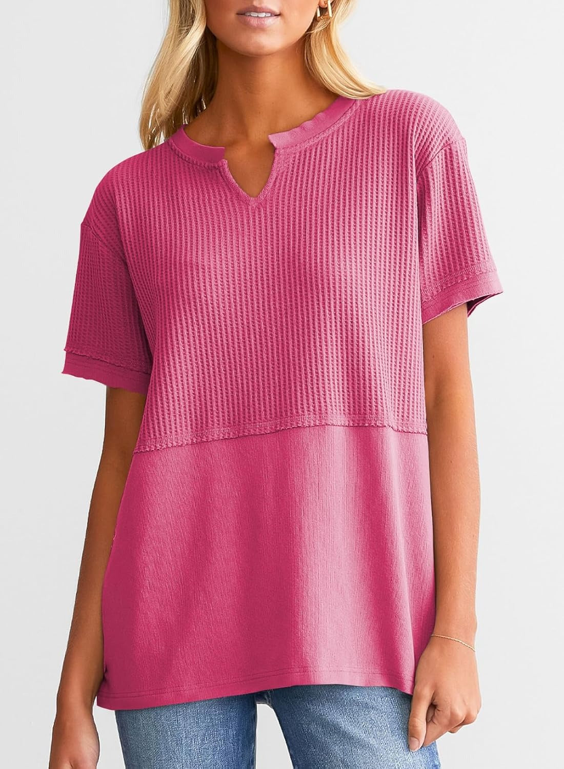 Womens Casual V Neck Waffle Sleeve T Shirts