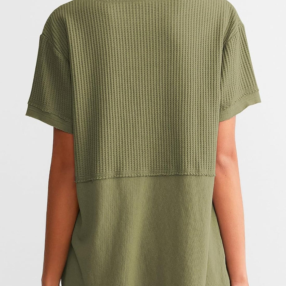 Womens Casual V Neck Waffle Sleeve T Shirts