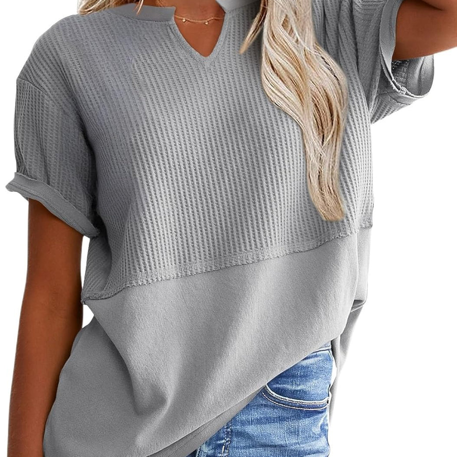 Womens Casual V Neck Waffle Sleeve T Shirts