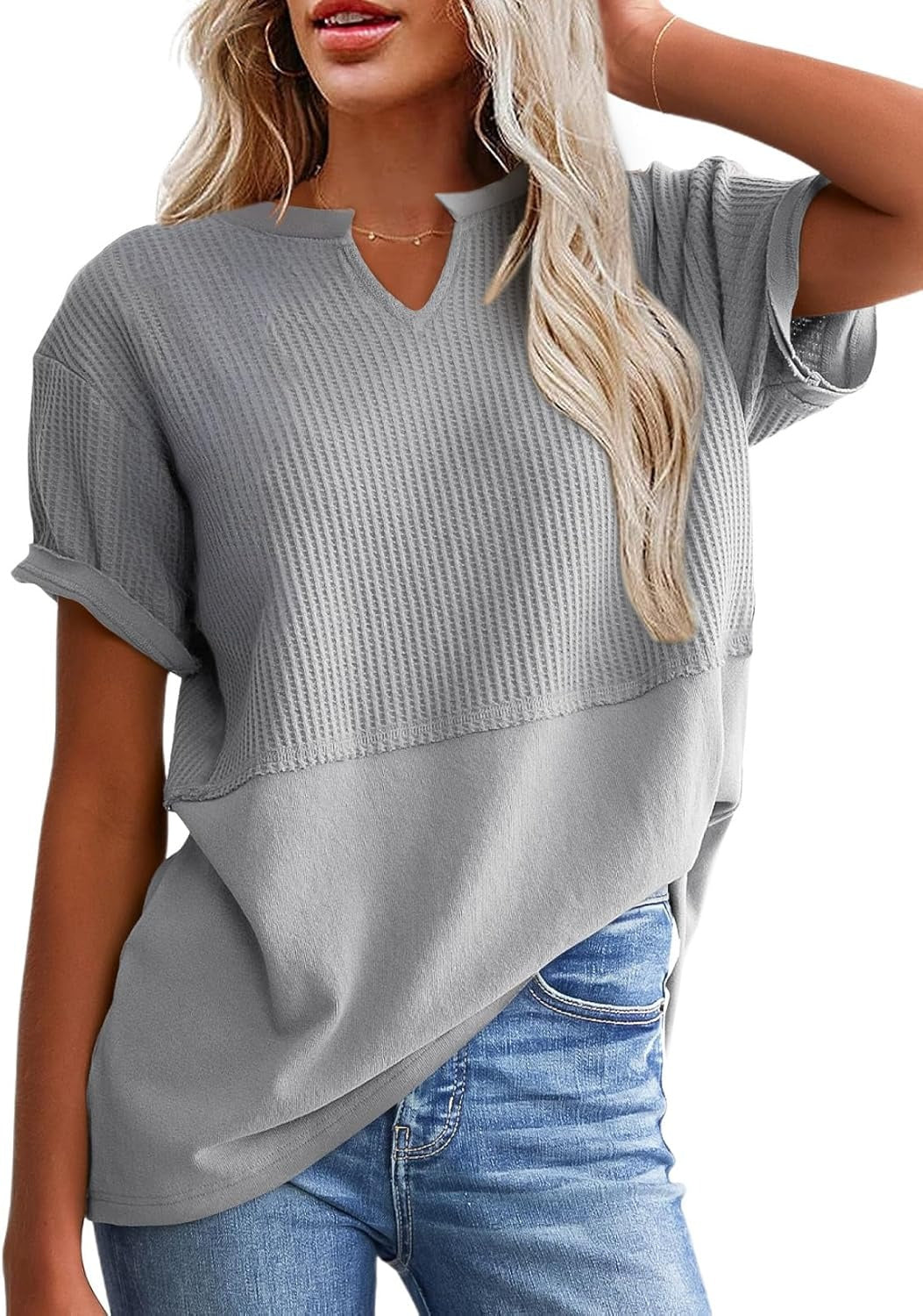Womens Casual V Neck Waffle Sleeve T Shirts