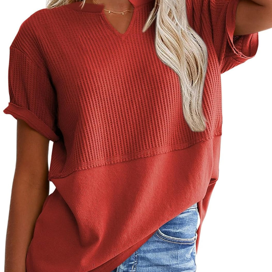 Womens Casual V Neck Waffle Sleeve T Shirts