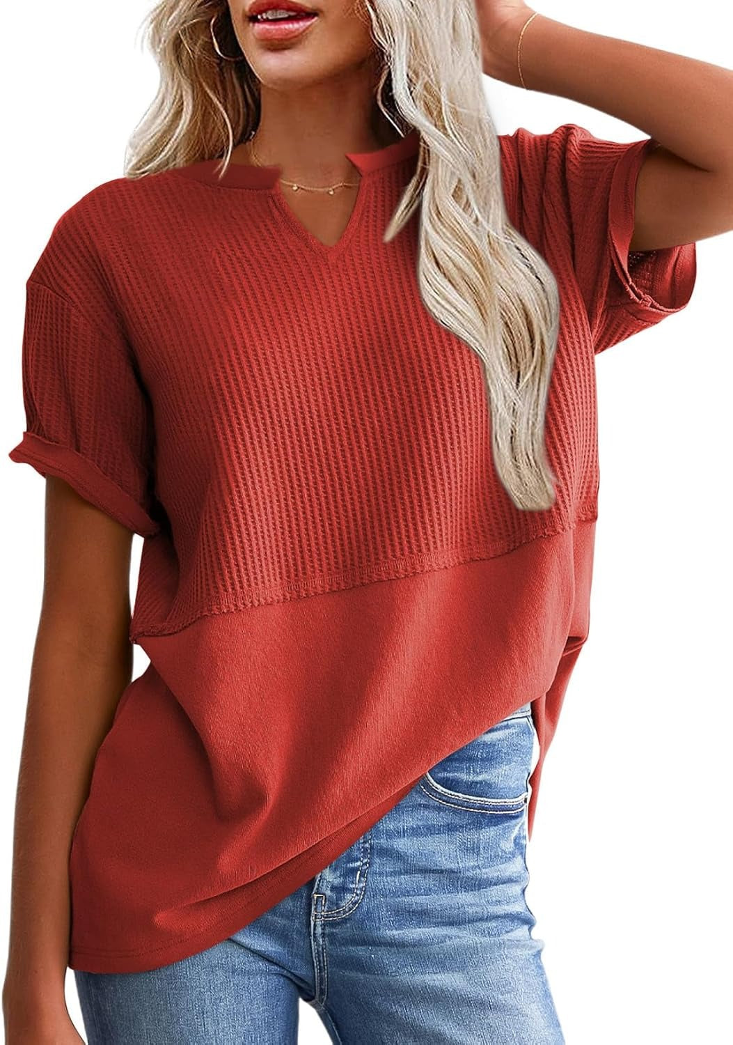 Womens Casual V Neck Waffle Sleeve T Shirts