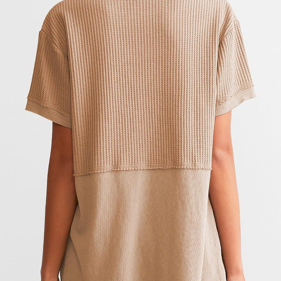 Womens Casual V Neck Waffle Sleeve T Shirts