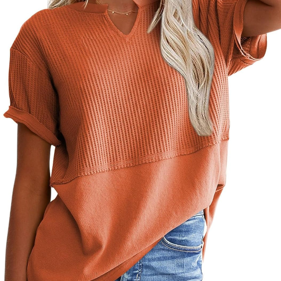 Womens Casual V Neck Waffle Sleeve T Shirts