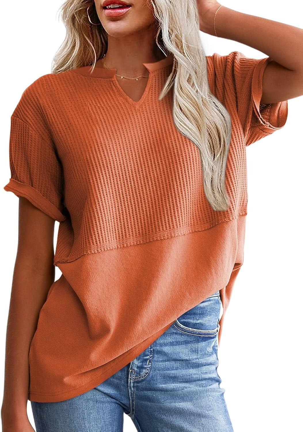 Womens Casual V Neck Waffle Sleeve T Shirts