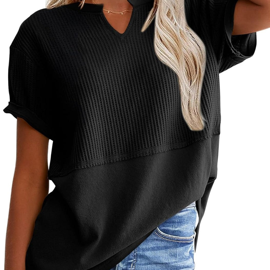 Womens Casual V Neck Waffle Sleeve T Shirts