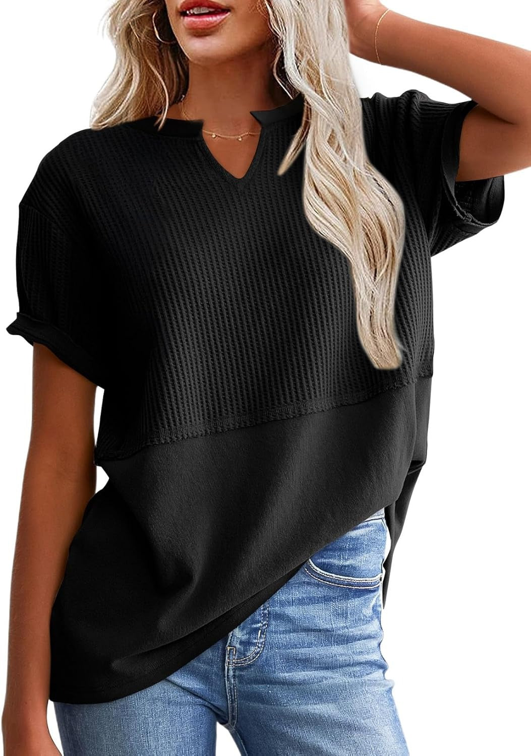 Womens Casual V Neck Waffle Sleeve T Shirts