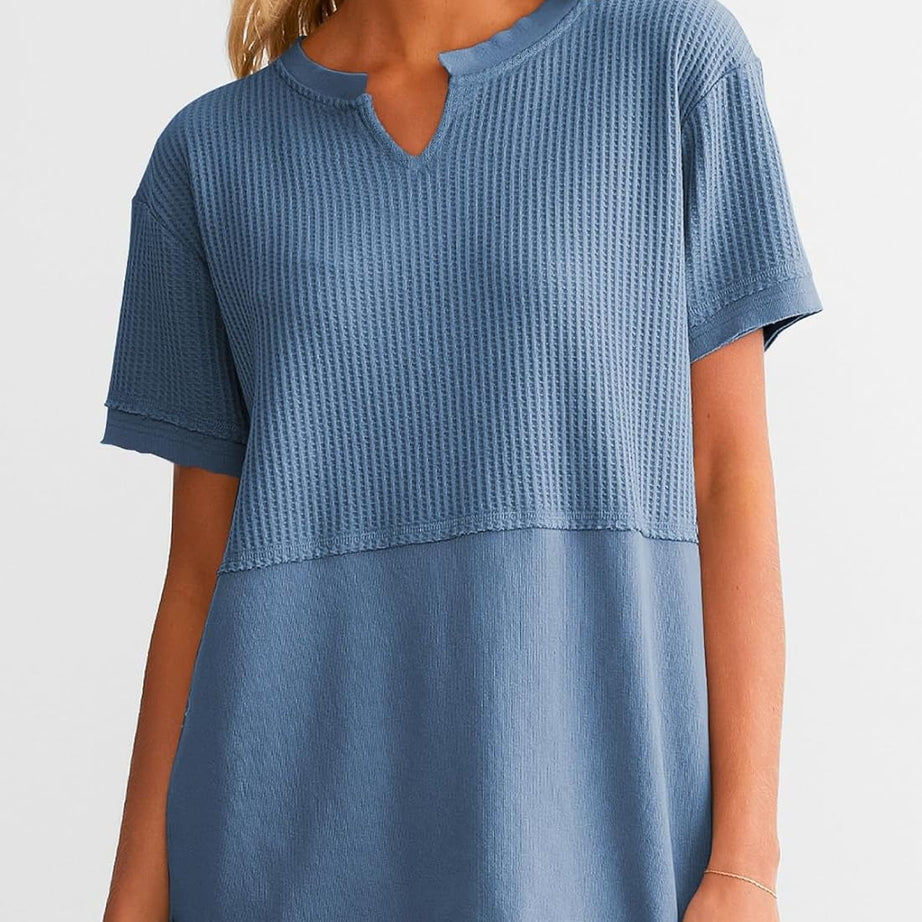 Womens Casual V Neck Waffle Sleeve T Shirts