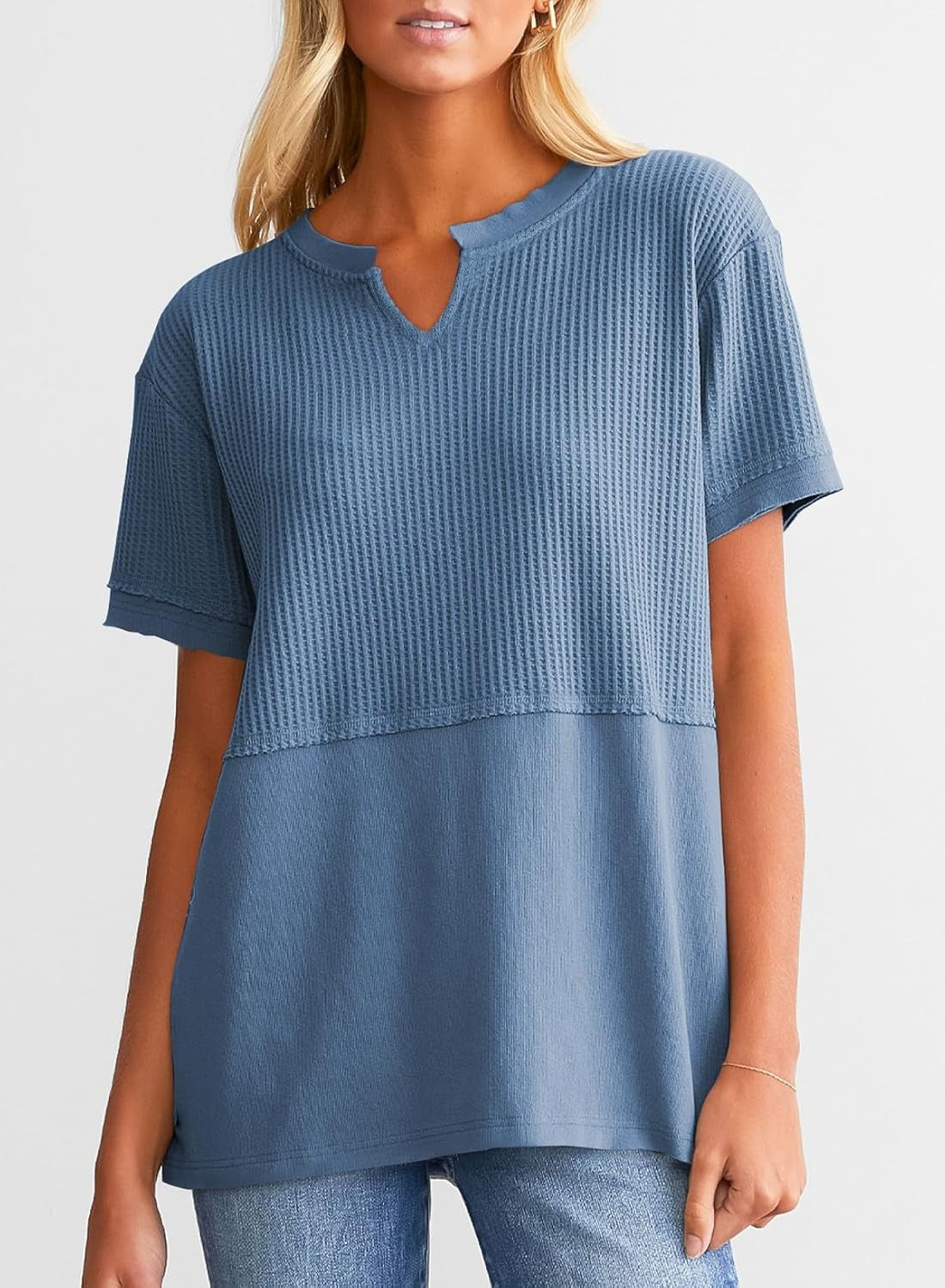 Womens Casual V Neck Waffle Sleeve T Shirts