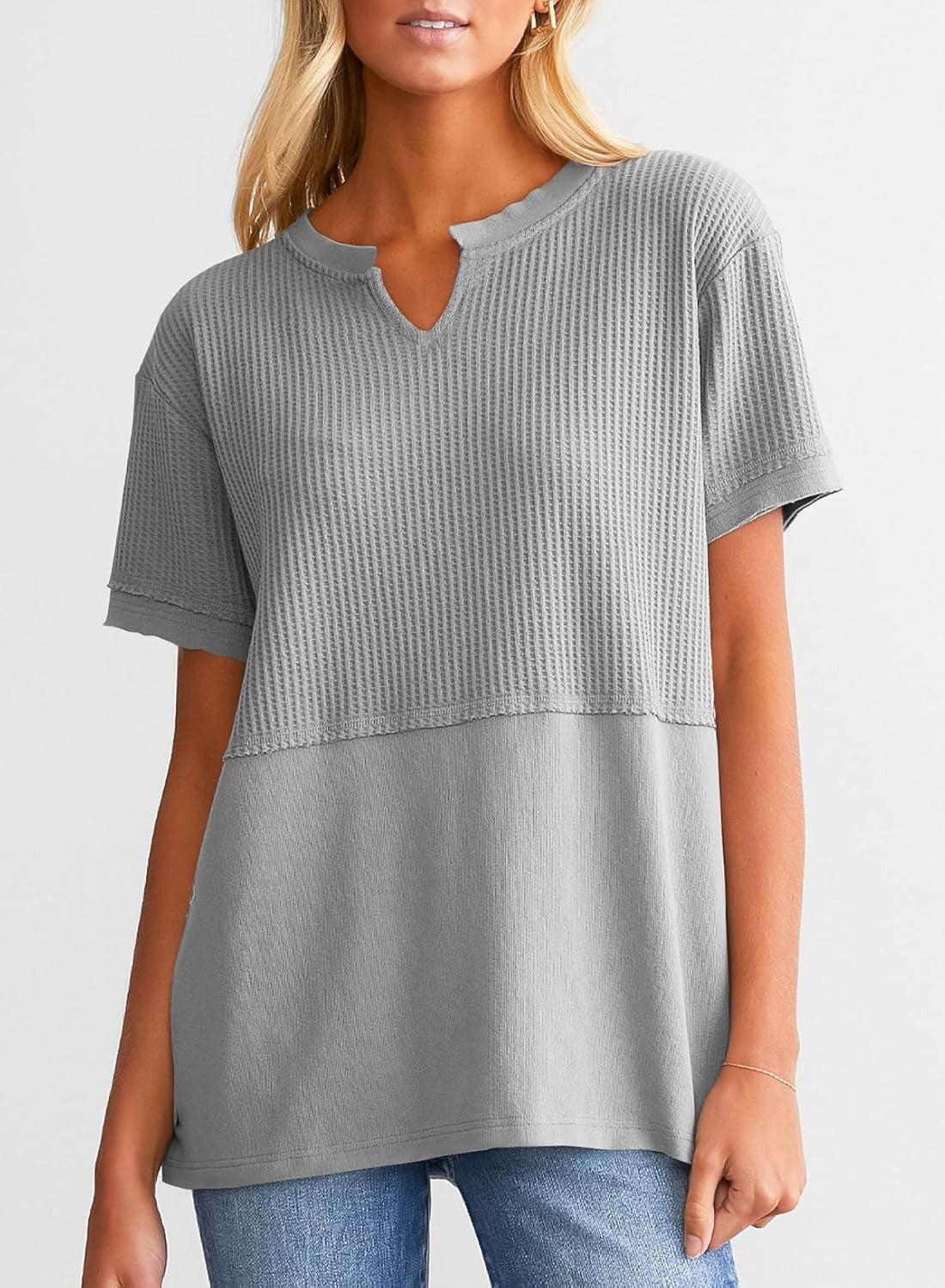 Womens Casual V Neck Waffle Sleeve T Shirts