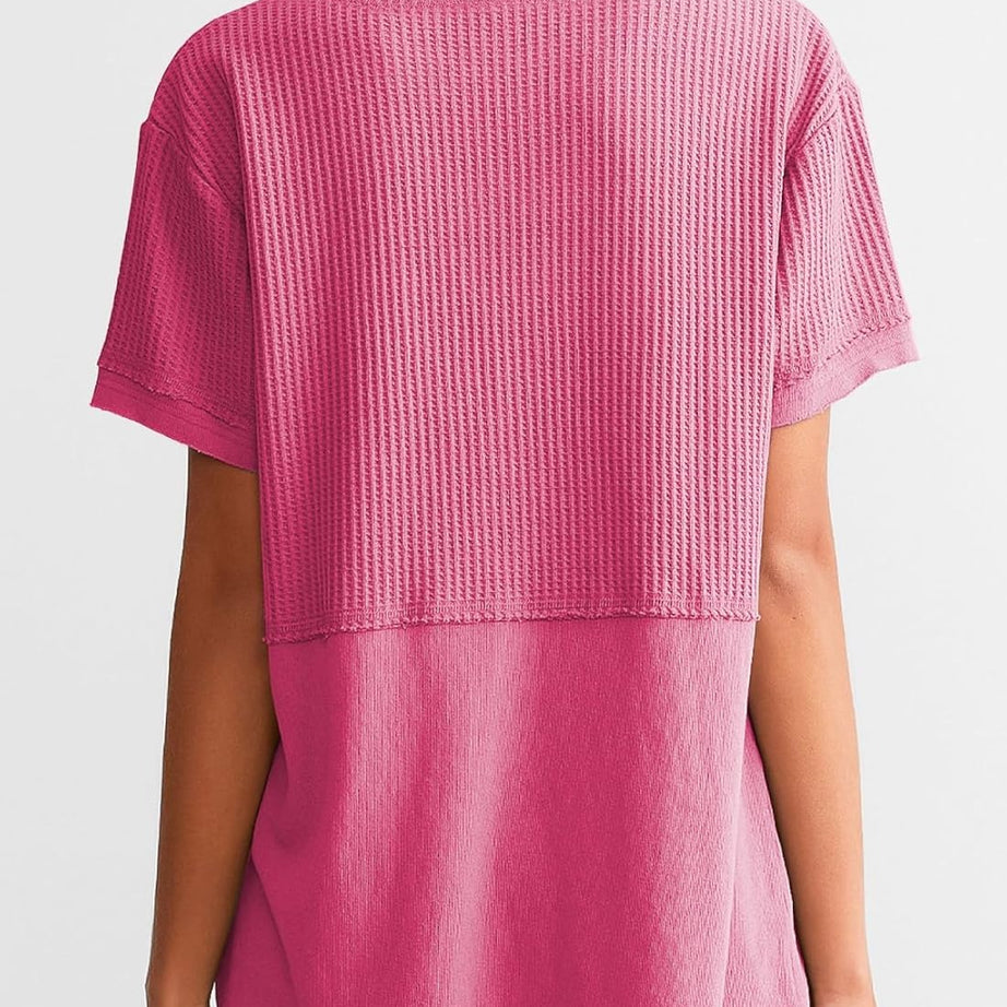 Womens Casual V Neck Waffle Sleeve T Shirts