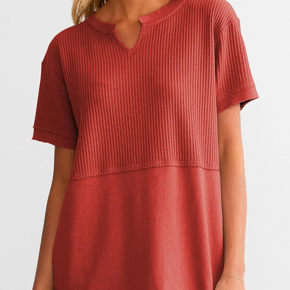 Womens Casual V Neck Waffle Sleeve T Shirts