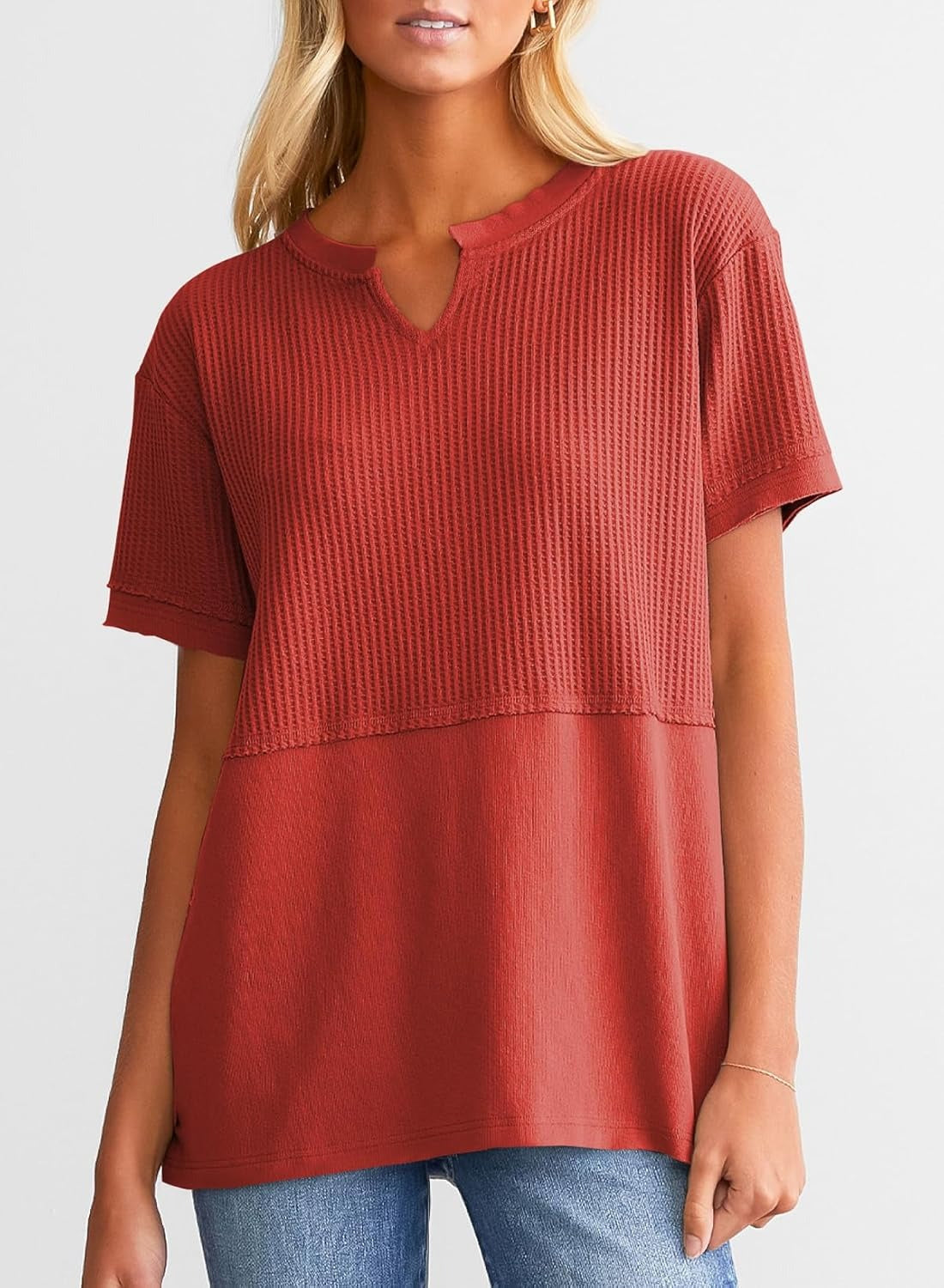 Womens Casual V Neck Waffle Sleeve T Shirts