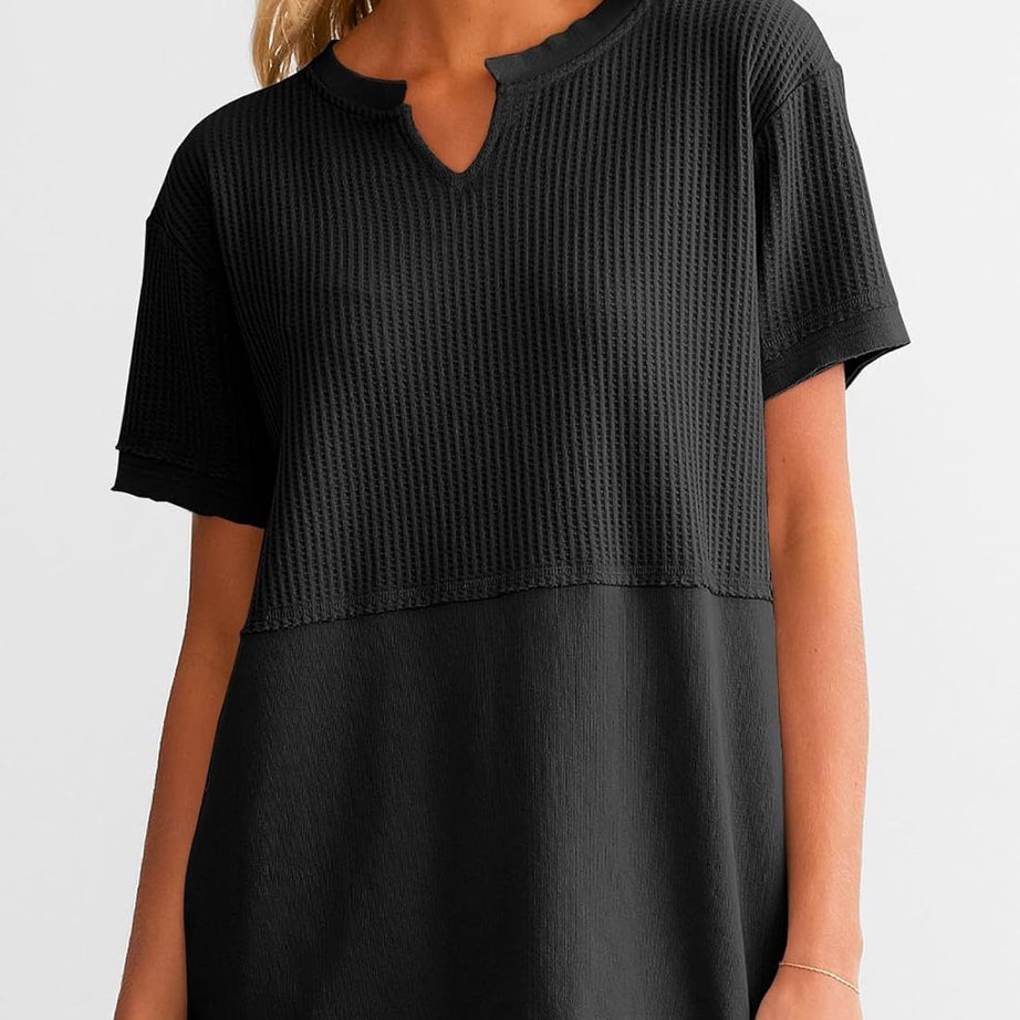 Womens Casual V Neck Waffle Sleeve T Shirts