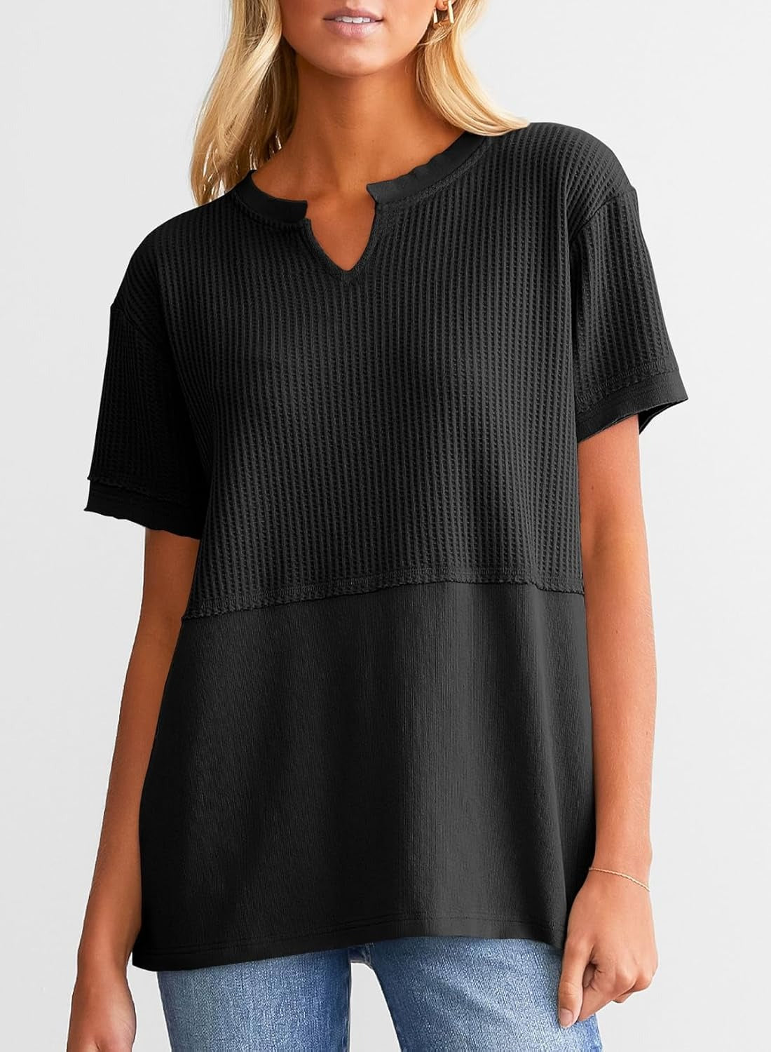 Womens Casual V Neck Waffle Sleeve T Shirts