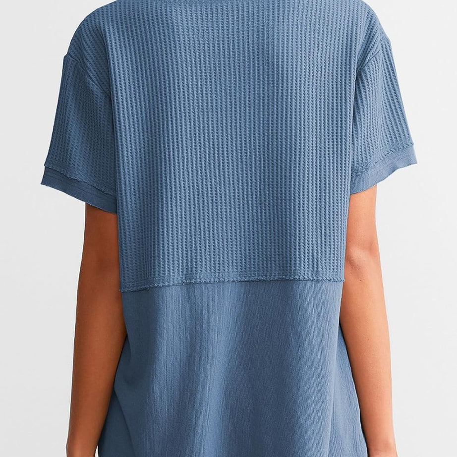 Womens Casual V Neck Waffle Sleeve T Shirts