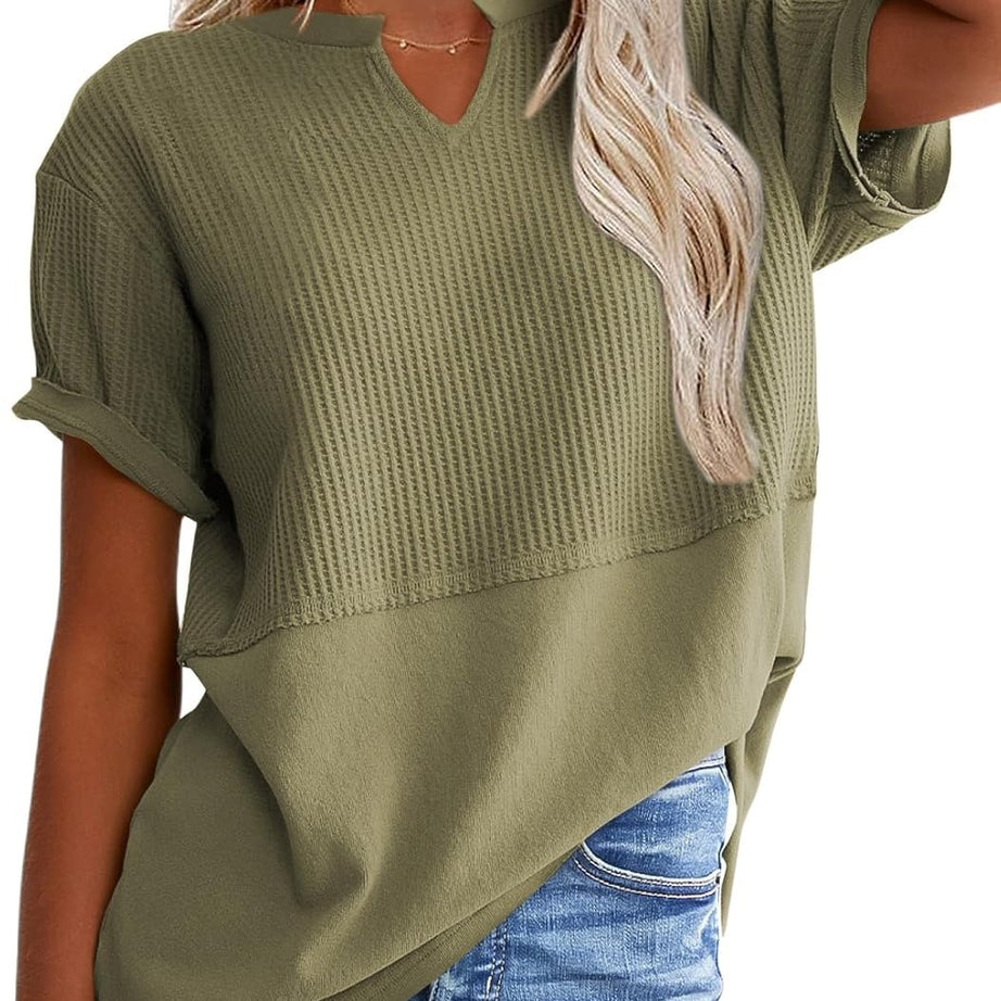 Womens Casual V Neck Waffle Sleeve T Shirts