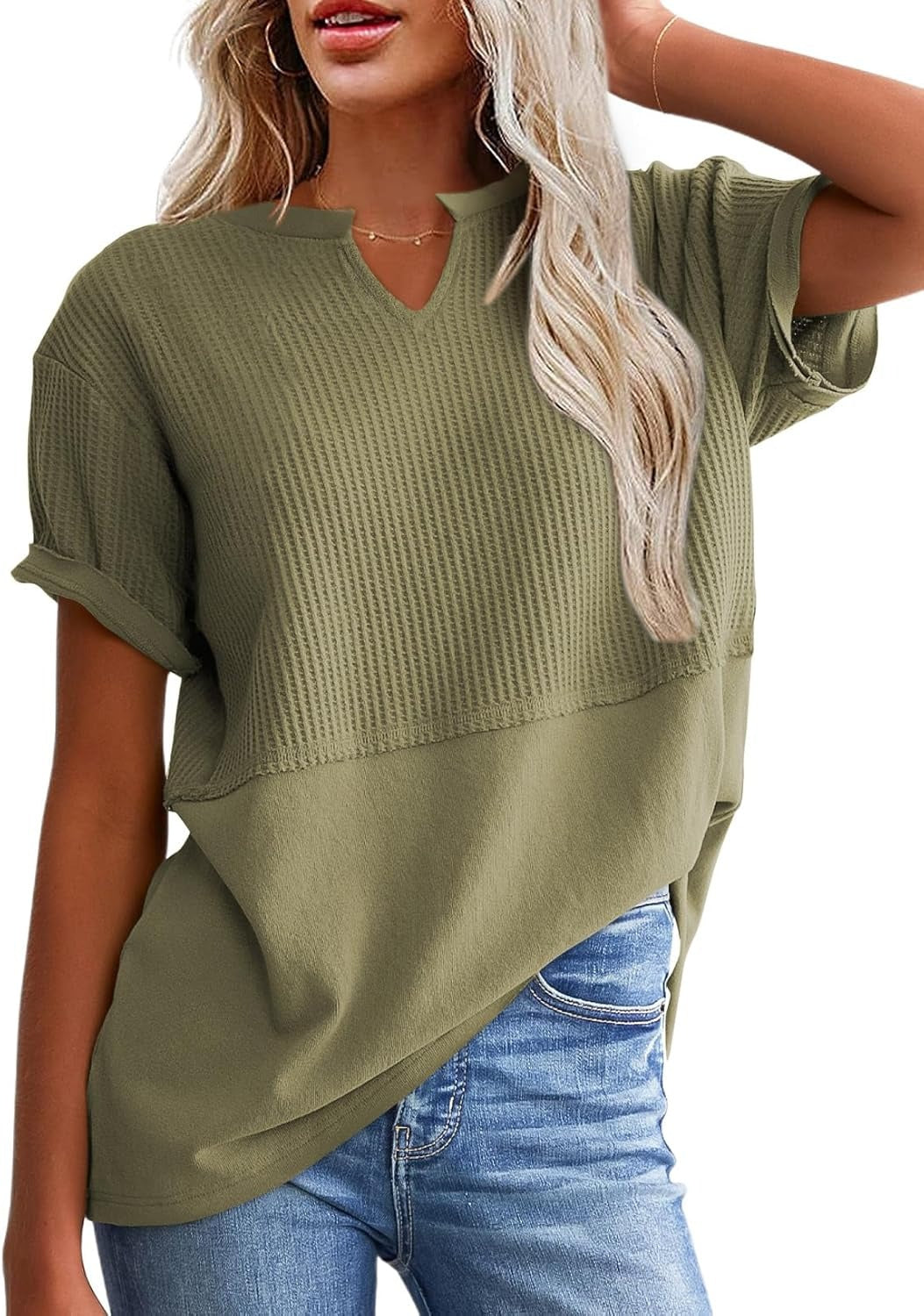 Womens Casual V Neck Waffle Sleeve T Shirts