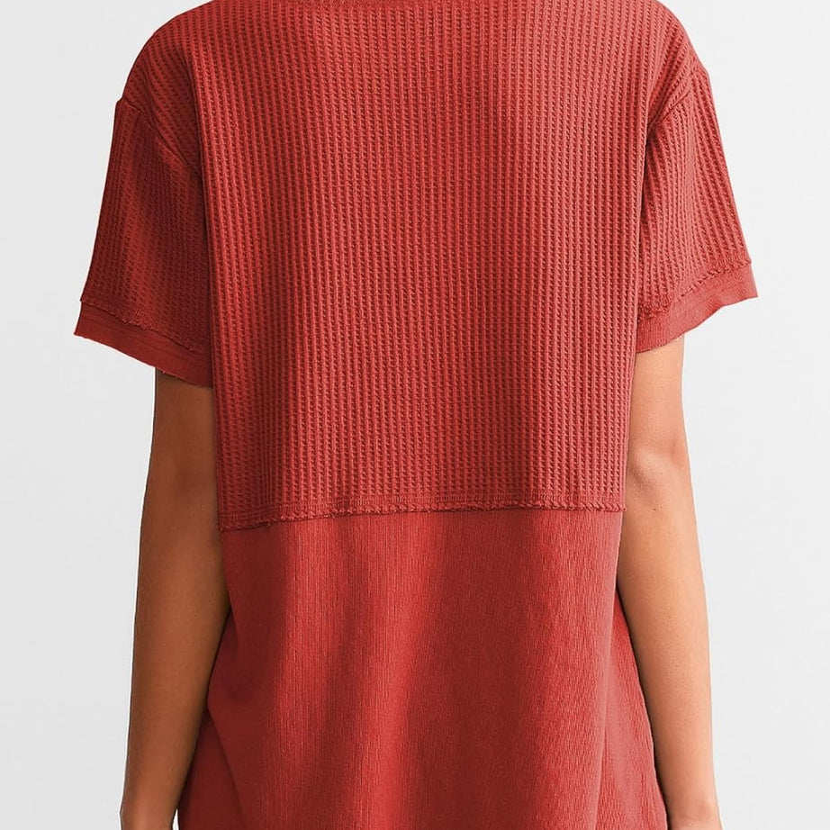Womens Casual V Neck Waffle Sleeve T Shirts
