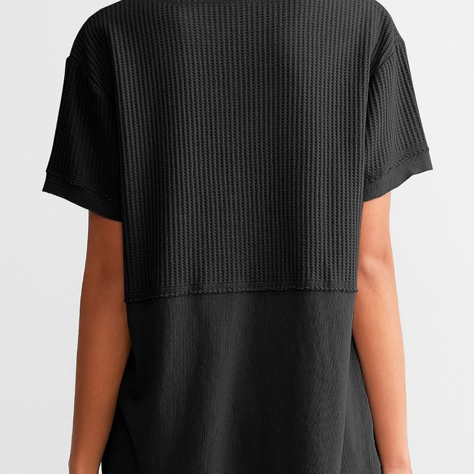 Womens Casual V Neck Waffle Sleeve T Shirts