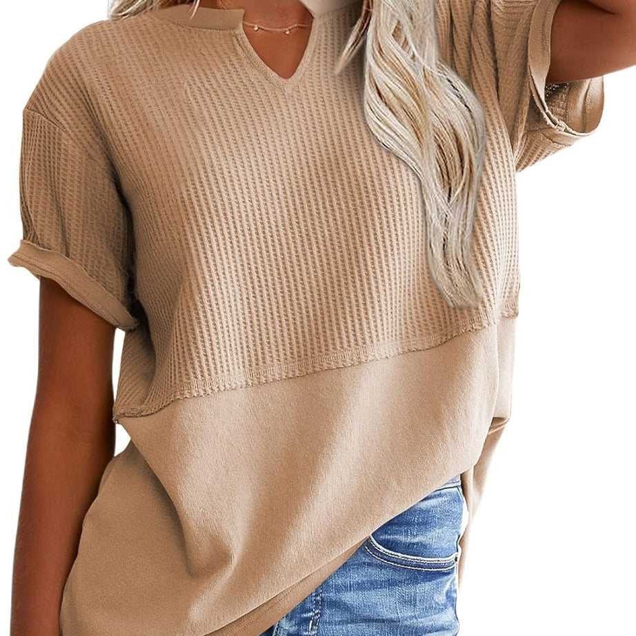 Womens Casual V Neck Waffle Sleeve T Shirts