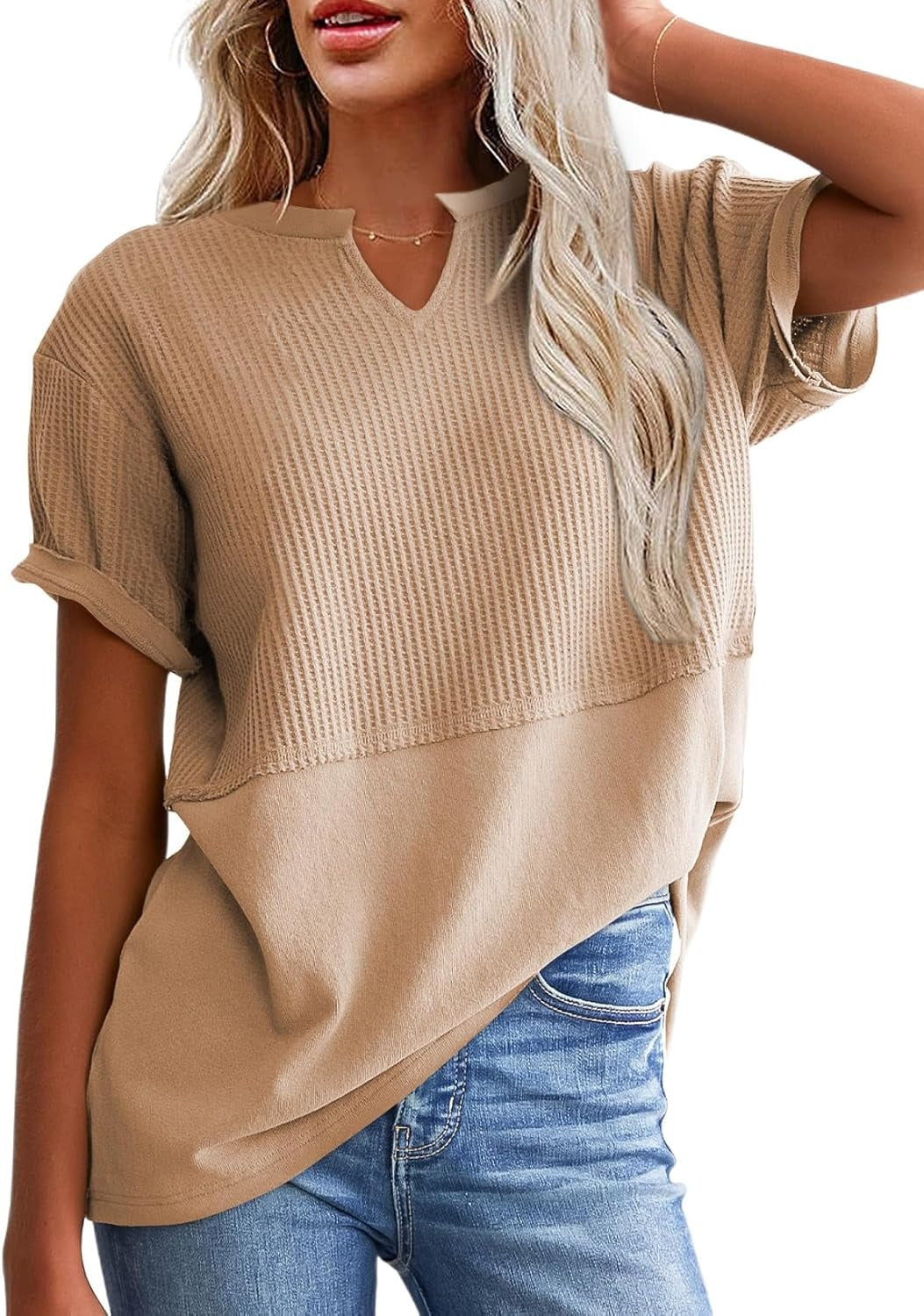 Womens Casual V Neck Waffle Sleeve T Shirts