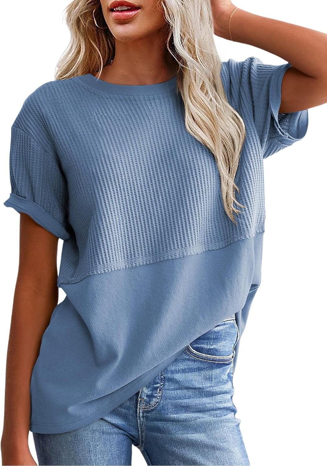 Womens Casual V Neck Waffle Sleeve T Shirts