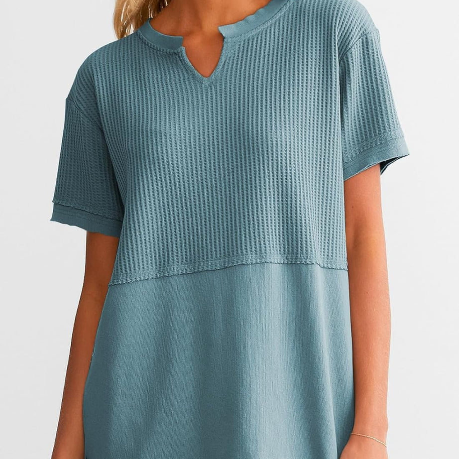 Womens Casual V Neck Waffle Sleeve T Shirts