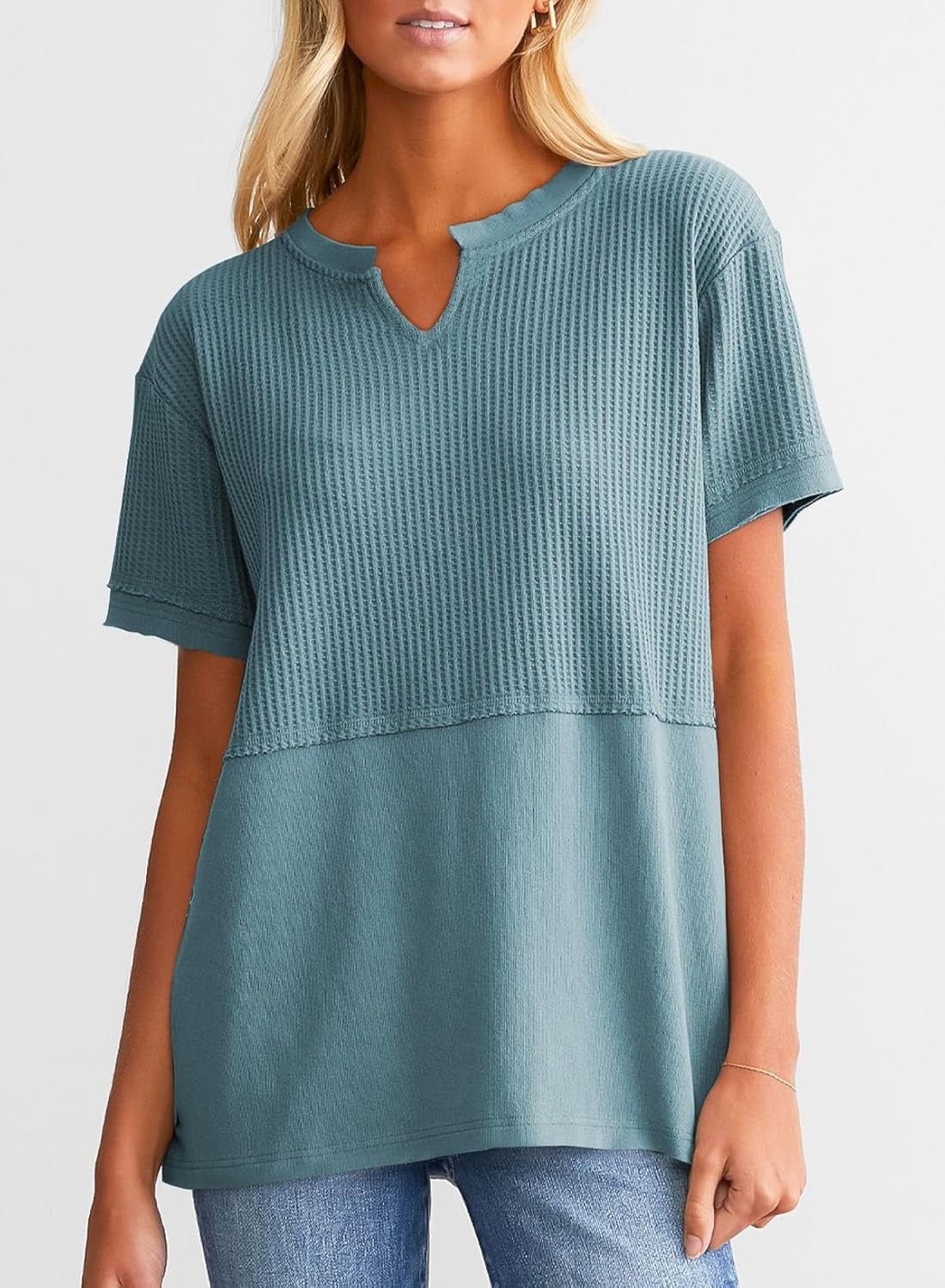 Womens Casual V Neck Waffle Sleeve T Shirts