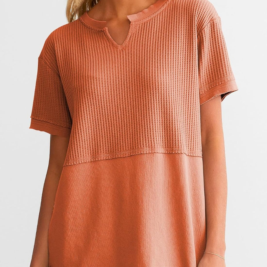 Womens Casual V Neck Waffle Sleeve T Shirts