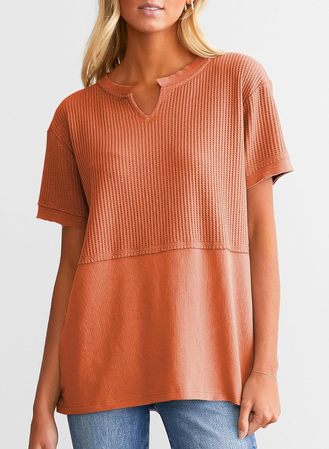 Womens Casual V Neck Waffle Sleeve T Shirts