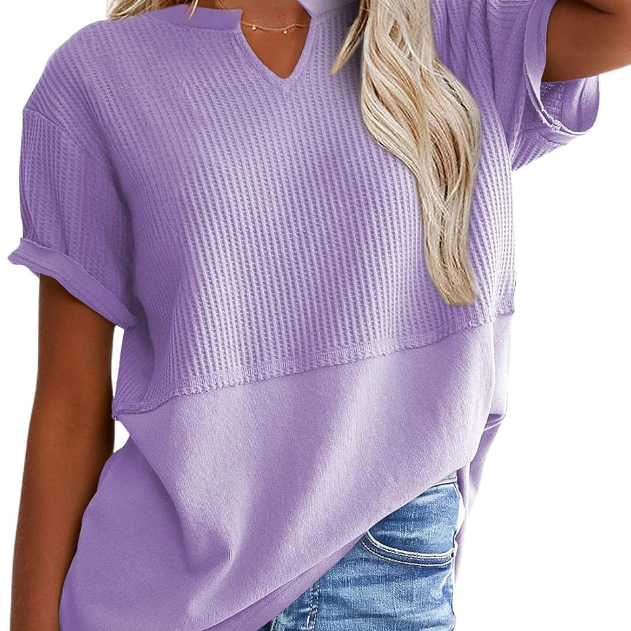 Womens Casual V Neck Waffle Sleeve T Shirts