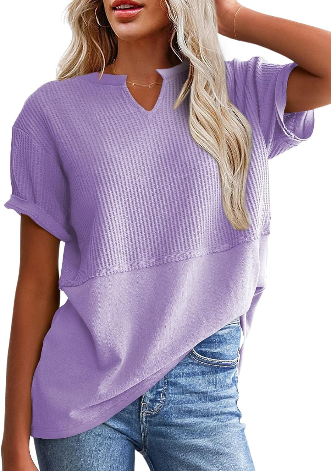 Womens Casual V Neck Waffle Sleeve T Shirts