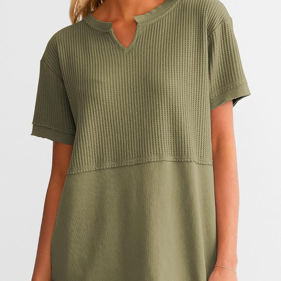 Womens Casual V Neck Waffle Sleeve T Shirts