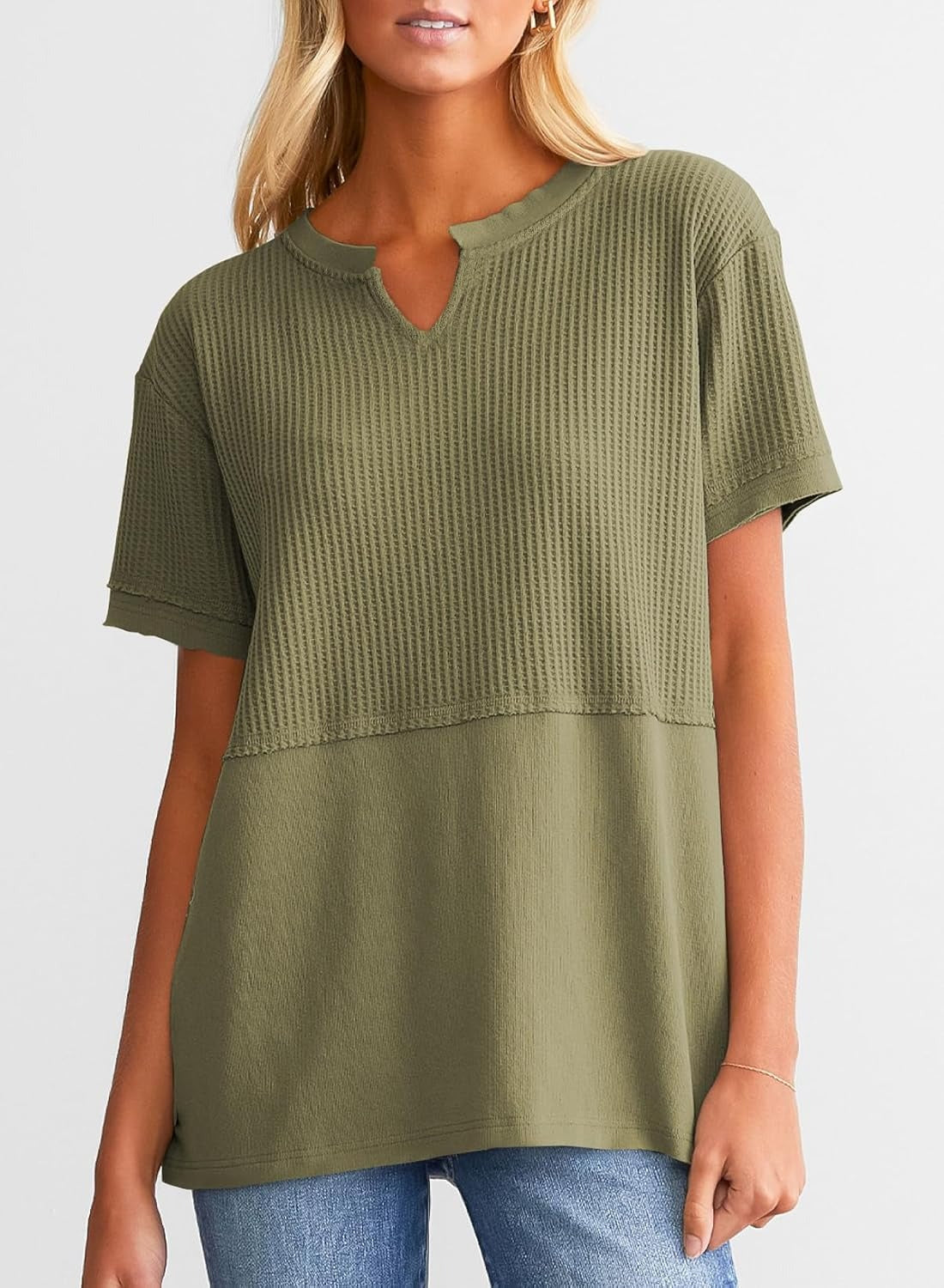 Womens Casual V Neck Waffle Sleeve T Shirts