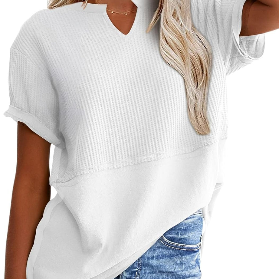 Womens Casual V Neck Waffle Sleeve T Shirts