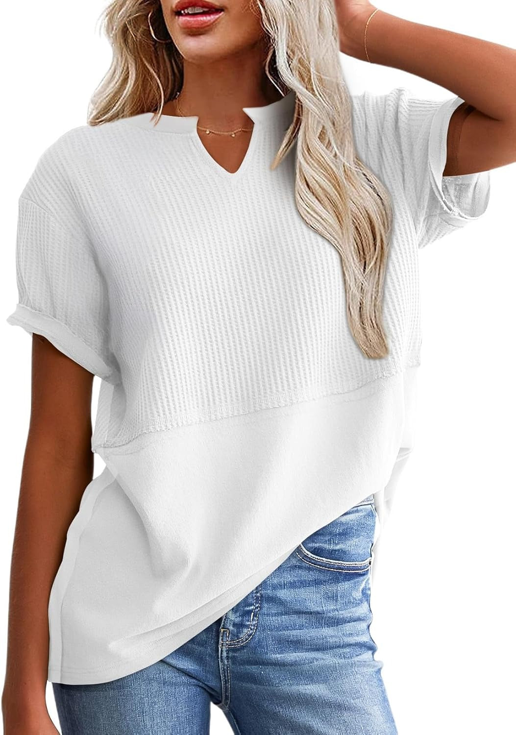 Womens Casual V Neck Waffle Sleeve T Shirts