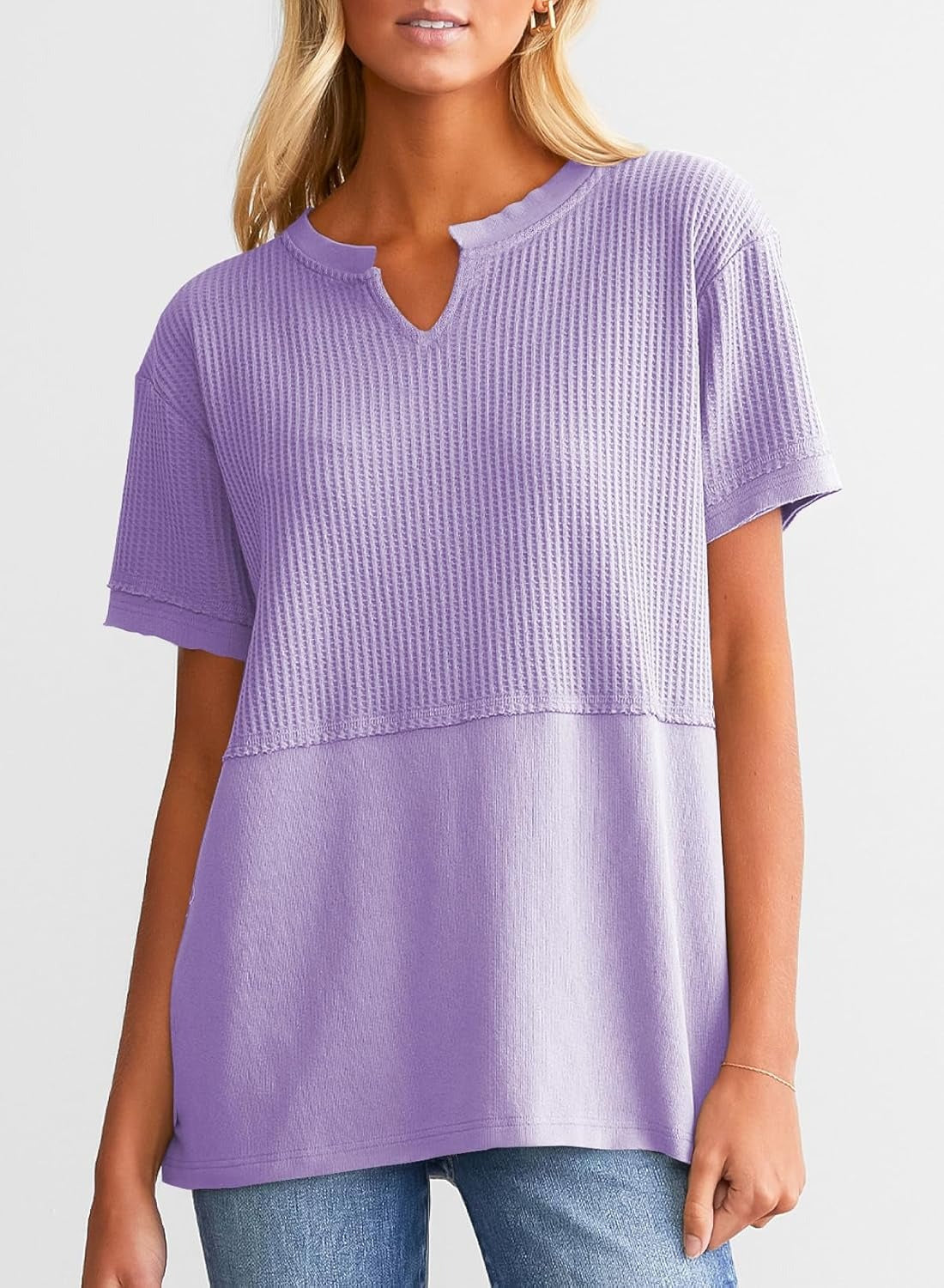 Womens Casual V Neck Waffle Sleeve T Shirts