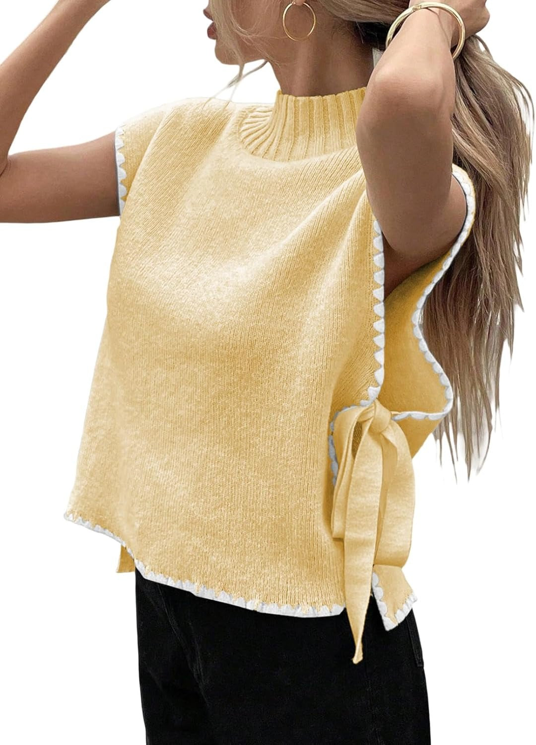 Womens Stylish Mock Neck Sleeveless Knit Pullover Vest with Side Slits
