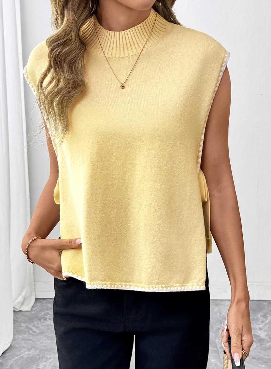 Womens Stylish Mock Neck Sleeveless Knit Pullover Vest with Side Slits