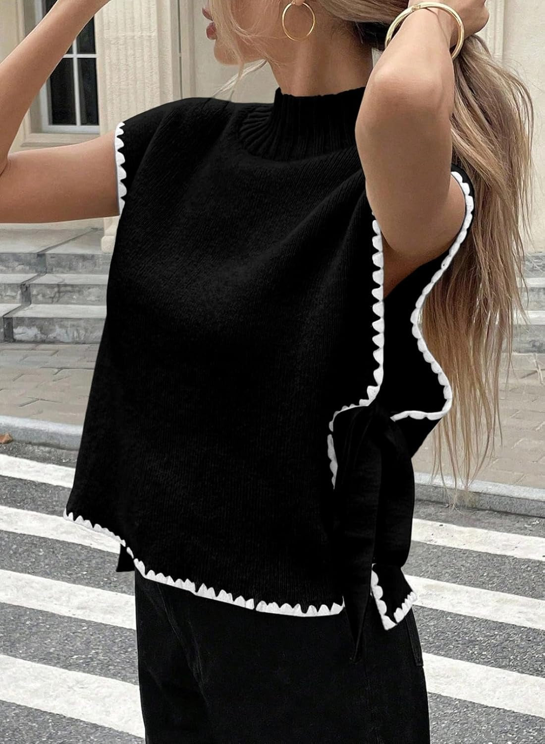 Womens Stylish Mock Neck Sleeveless Knit Pullover Vest with Side Slits