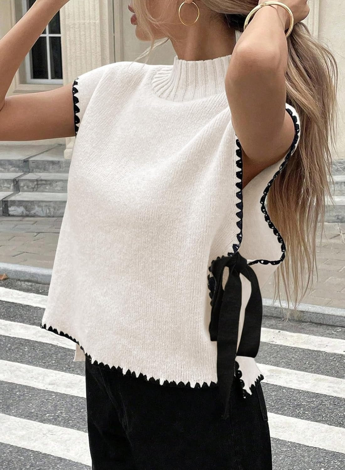 Womens Stylish Mock Neck Sleeveless Knit Pullover Vest with Side Slits