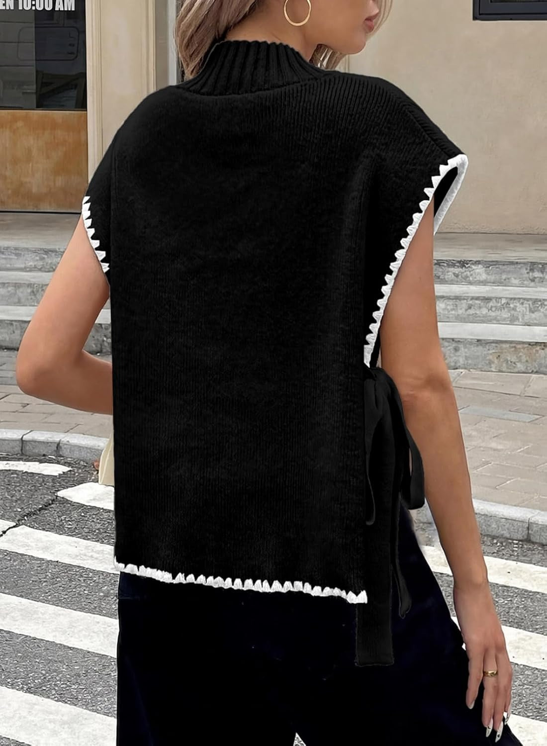 Womens Stylish Mock Neck Sleeveless Knit Pullover Vest with Side Slits