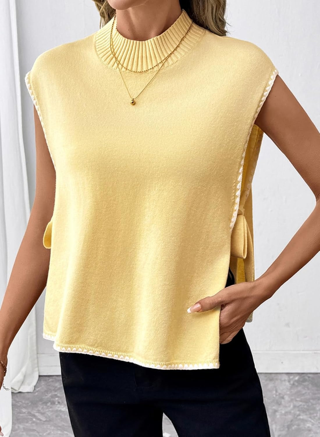 Womens Stylish Mock Neck Sleeveless Knit Pullover Vest with Side Slits
