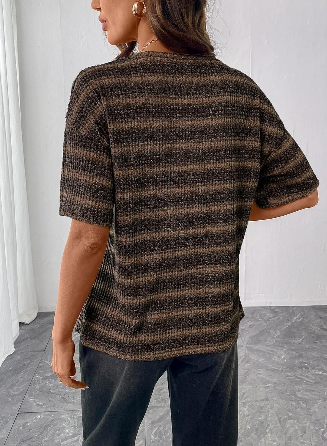 Women Dressy Casual Summer Half Sleeve Waffle Knit Shirts